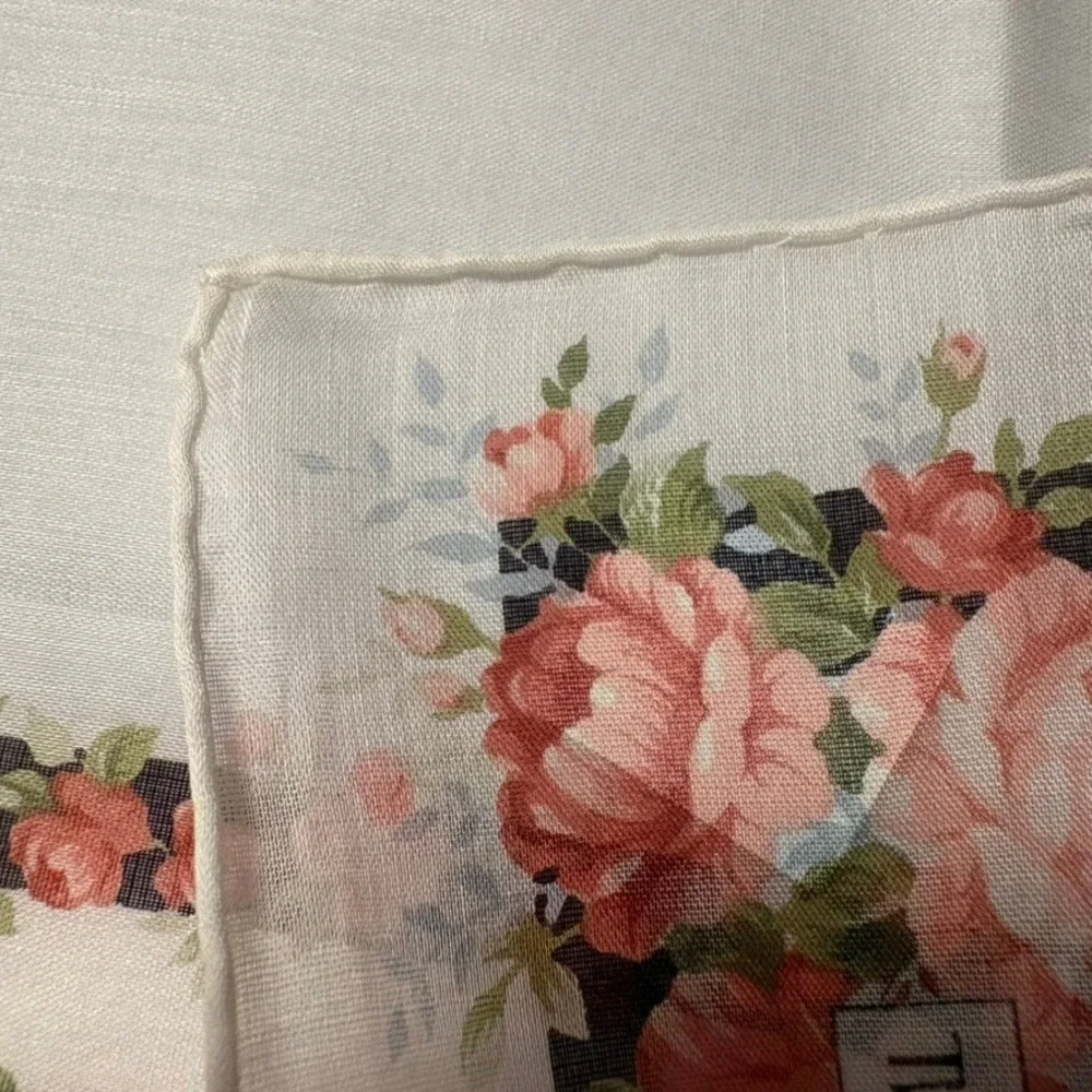 Vtg YVES SAINT LAURENT Scarf Handkerchief Floral Rose Cotton White 19.5